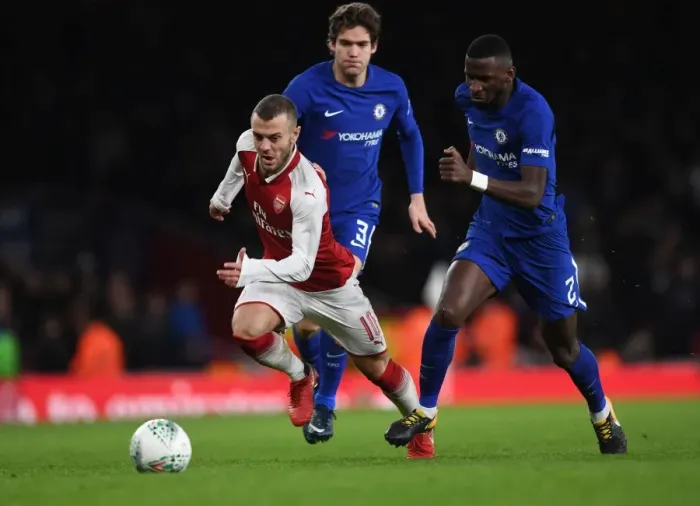 Framed Print : Arsenal's Jack Wilshere Clashes with Chelsea's Alonso and Rudiger in Carabao Cup Semi-Final Showdown Framed Print : Arsenal's Jack Wilshere Clashes with Chelsea's Alonso and Rudiger in Carabao Cup Semi-Final Showdown