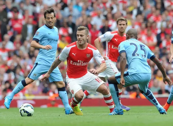Framed Print : Arsenal's Jack Wilshere Clashes with Manchester City's David Silva and Fernandinho (2014-15)