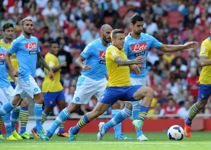 Framed Print : Arsenal's Jack Wilshere Clashes with Napoli's Christian Maggio in the 2013-14 Emirates Cup