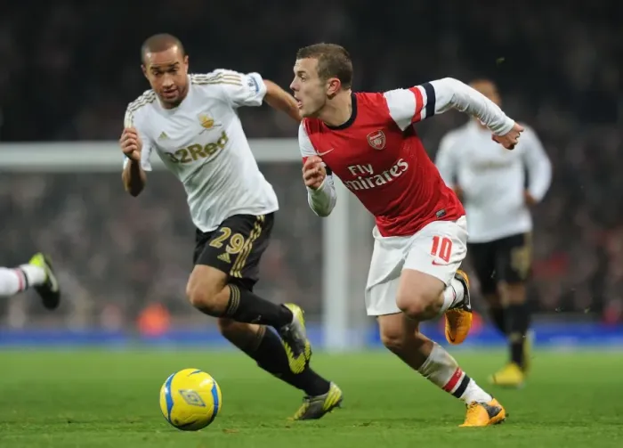 Framed Print : Arsenal's Jack Wilshere Clashes with Swansea's Ashley Richards in FA Cup Third Round Replay