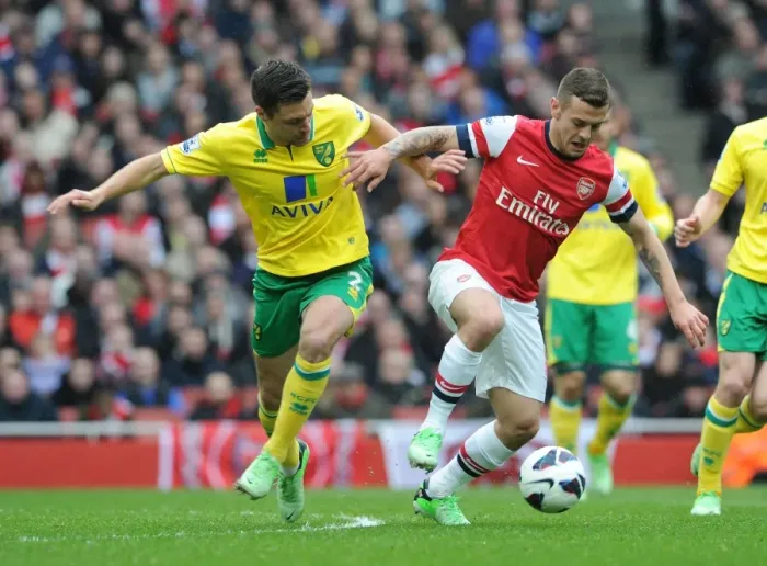 Framed Print : Arsenal's Jack Wilshere Fends Off Norwich's Russell Martin during the 2013 Premier League Clash