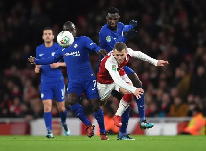 Framed Print : Arsenal's Jack Wilshere Fouls by Chelsea's Kante and Bakayoko in Carabao Cup Semi-Final Clash