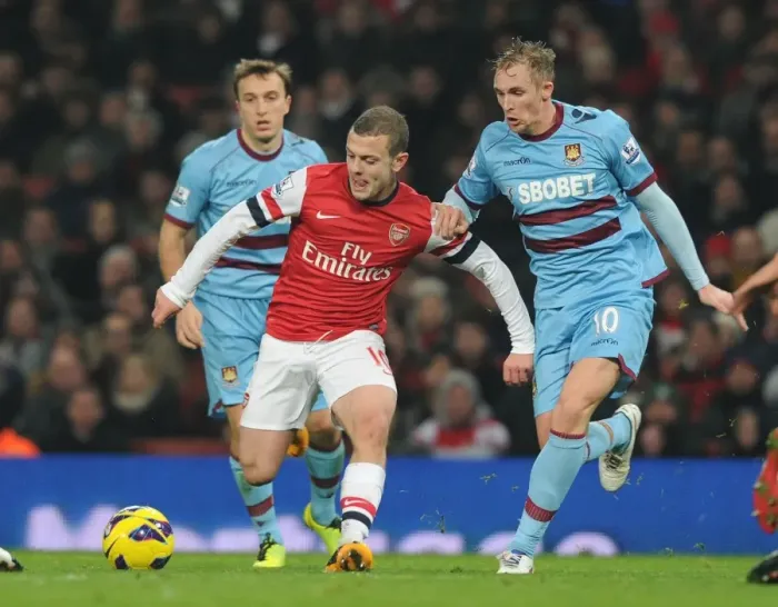 Framed Print : Arsenal's Jack Wilshere Outmaneuvers West Ham's Jack Collison in Premier League Clash Framed Print : Arsenal's Jack Wilshere Outmaneuvers West Ham's Jack Collison in Premier League Clash