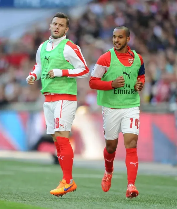 Framed Print : Arsenal's Jack Wilshere and Theo Walcott Warm Up for FA Cup Semi-Final Against Reading Framed Print : Arsenal's Jack Wilshere and Theo Walcott Warm Up for FA Cup Semi-Final Against Reading