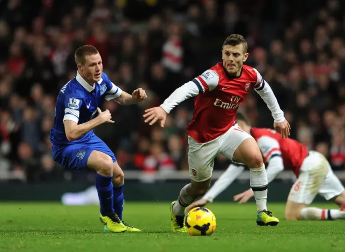 Framed Print : Arsenal's Jack Wilshere vs Everton's James McCarthy: Intense Battle in the Midfield, Premier League 2013-14 Framed Print : Arsenal's Jack Wilshere vs Everton's James McCarthy: Intense Battle in the Midfield, Premier League 2013-14