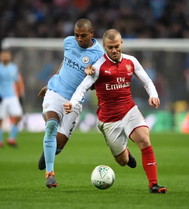 Framed Print : Arsenal's Jack Wilshere vs. Manchester City's Fernandinho: A Carabao Cup Final Showdown Framed Print : Arsenal's Jack Wilshere vs. Manchester City's Fernandinho: A Carabao Cup Final Showdown