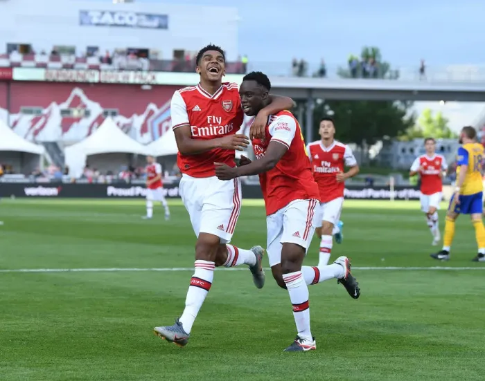 Framed Print : Arsenal's James Olayinka and Tyreece John-Jules Celebrate Goals in Colorado Rapids Friendly, 2019 Framed Print : Arsenal's James Olayinka and Tyreece John-Jules Celebrate Goals in Colorado Rapids Friendly, 2019