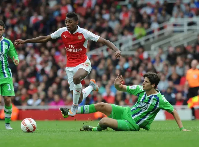 Framed Print : Arsenal's Jeff Reine-Adelaide Outsmarts VfL Wolfsburg's Timm Klose at Emirates Cup, 2015 Framed Print : Arsenal's Jeff Reine-Adelaide Outsmarts VfL Wolfsburg's Timm Klose at Emirates Cup, 2015