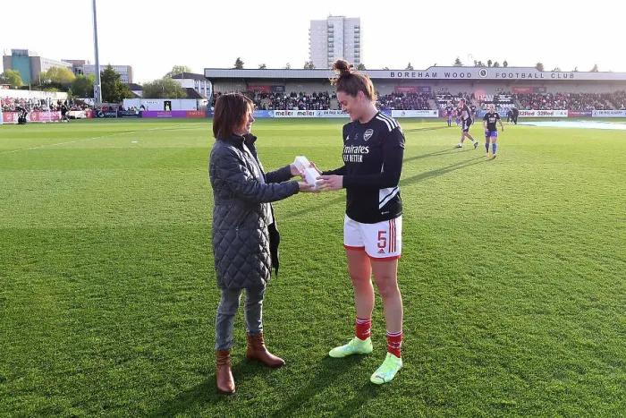 Framed Print : Arsenal's Jennifer Beattie Honored for 150th Appearance Against Leicester City