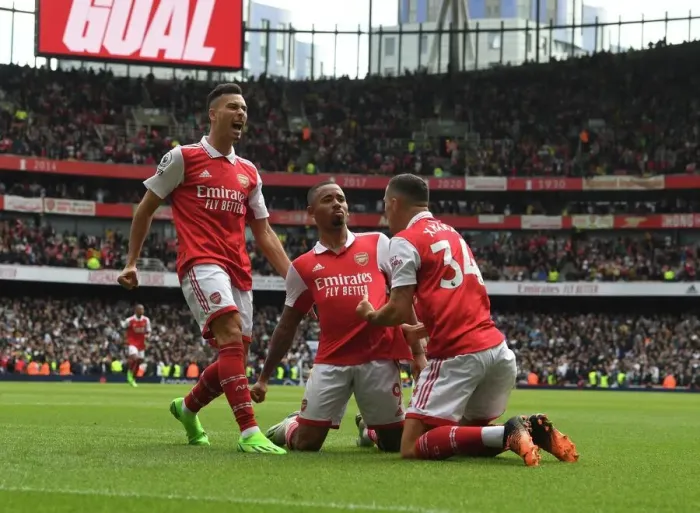 Framed Print : Arsenal's Jesus, Martinelli, and Xhaka: Triumphant Celebration of Goals Against Tottenham in the 2022-23 Premier League