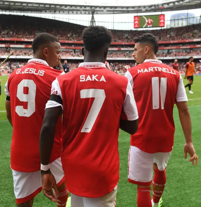 Framed Print : Arsenal's Jesus, Saka, and Martinelli in Action against Sevilla during Emirates Cup 2022 Framed Print : Arsenal's Jesus, Saka, and Martinelli in Action against Sevilla during Emirates Cup 2022