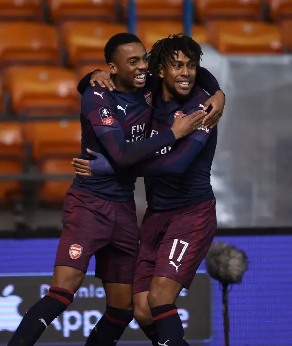 Framed Print : Arsenal's Joe Willock and Alex Iwobi Celebrate Goal in FA Cup Victory over Blackpool