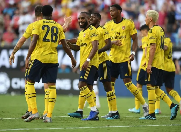 Framed Print : Arsenal's Joe Willock and Alexandre Lacazette Celebrate Goal in Arsenal v Fiorentina 2019-20 International Champions Cup Match