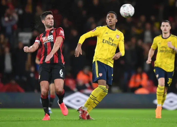 Framed Print : Arsenal's Joe Willock and Andrew Surman Clash in Intense FA Cup Fourth Round Match Framed Print : Arsenal's Joe Willock and Andrew Surman Clash in Intense FA Cup Fourth Round Match