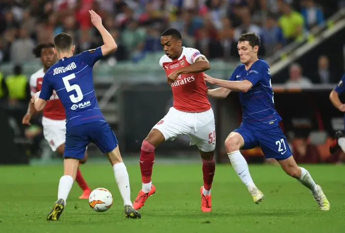 Framed Print : Arsenal's Joe Willock Clashes with Chelsea's Jorginho and Andreas Christensen in the Europa League Final