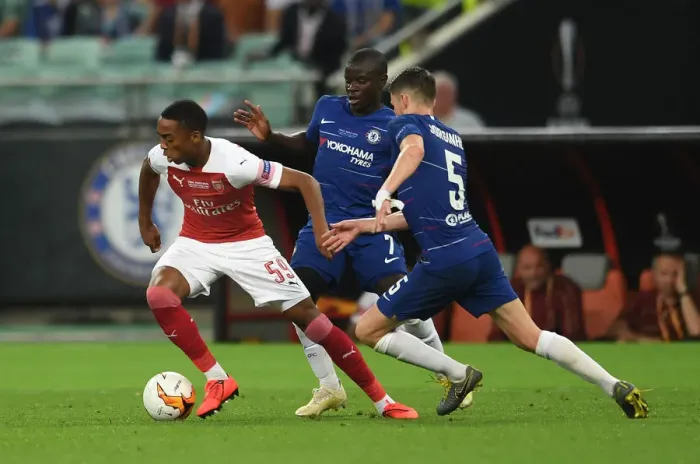 Framed Print : Arsenal's Joe Willock Clashes with Chelsea's Kante and Jorginho in Europa League Final Showdown