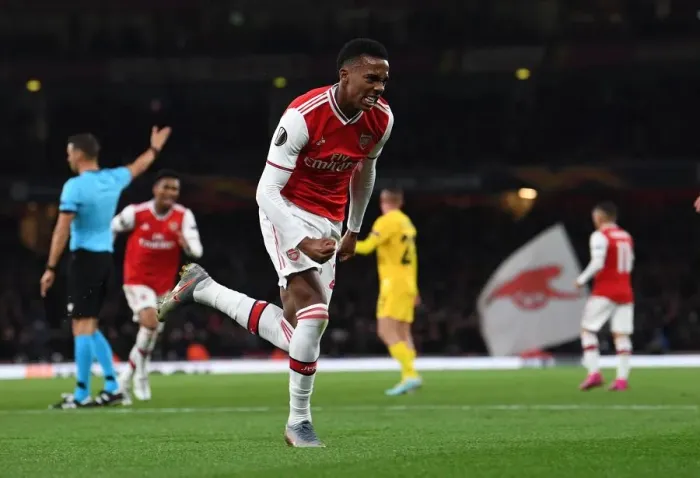 Framed Print : Arsenal's Joe Willock Scores Third Goal Against Standard Liege in Europa League Match