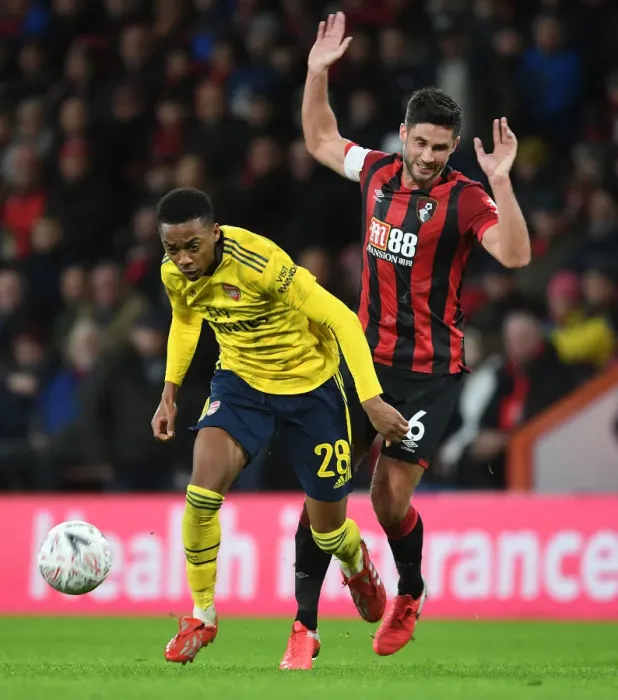 Framed Print : Arsenal's Joe Willock vs. Lewis Cook: Intense FA Cup Showdown at Bournemouth