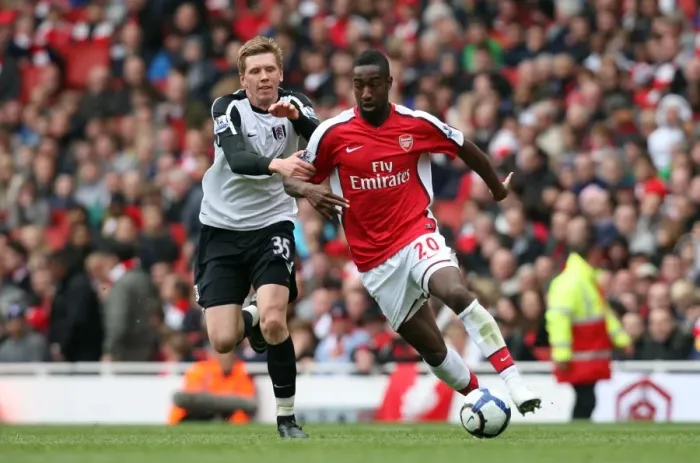 Framed Print : Arsenal's Johan Djourou Dominates David Elm in Arsenal's 4-0 Victory over Fulham, Barclays Premier League, Emirates Stadium, 10 / 5 / 10