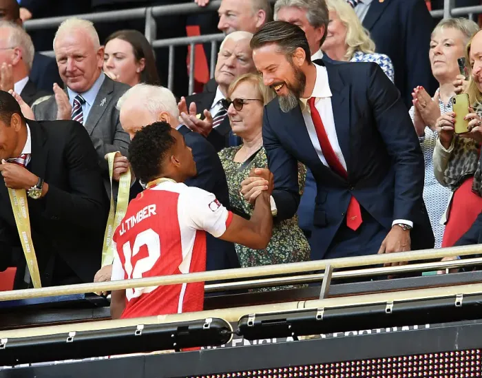 Framed Print : Arsenal's Josh Kroenke and Jurrien Timber Celebrate Community Shield Victory over Manchester City