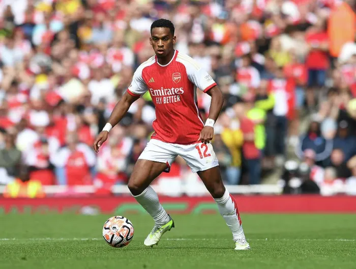 Framed Print : Arsenal's Jurrien Timber in Action: 2023-24 Premier League Opener vs. Nottingham Forest