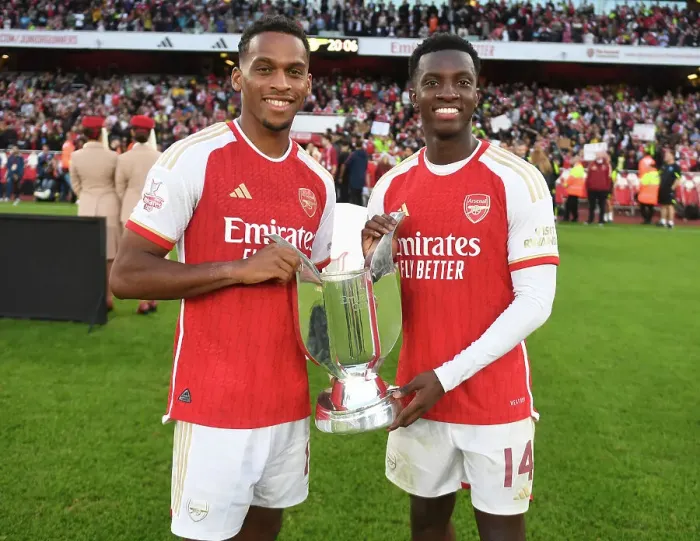 Framed Print : Arsenal's Jurrien Timber and Eddie Nketiah Lift the Emirates Cup: Arsenal FC 1-0 AS Monaco (2023-24) Framed Print : Arsenal's Jurrien Timber and Eddie Nketiah Lift the Emirates Cup: Arsenal FC 1-0 AS Monaco (2023-24)