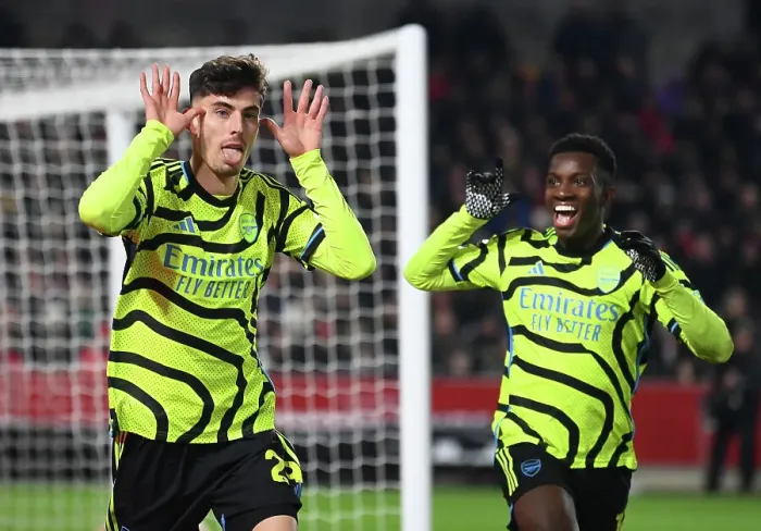 Framed Print : Arsenal's Kai Havertz and Eddie Nketiah Celebrate First Goal in Brentford Victory (2023-24)