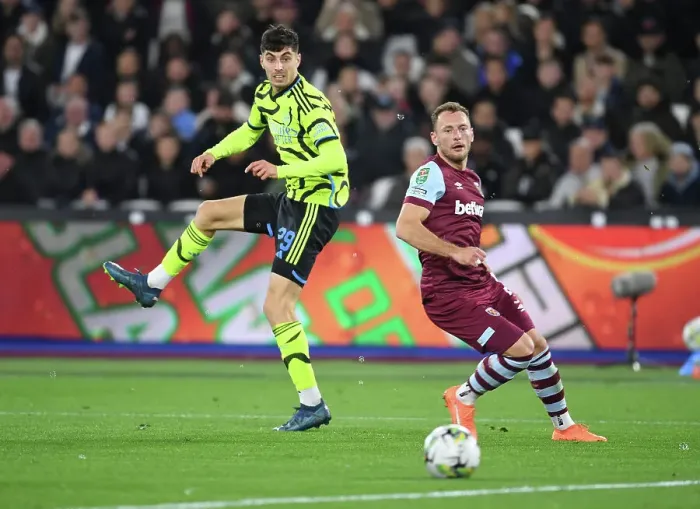 Framed Print : Arsenal's Kai Havertz Faces Off Against West Ham's Vladimir Coufal in Carabao Cup Clash Framed Print : Arsenal's Kai Havertz Faces Off Against West Ham's Vladimir Coufal in Carabao Cup Clash