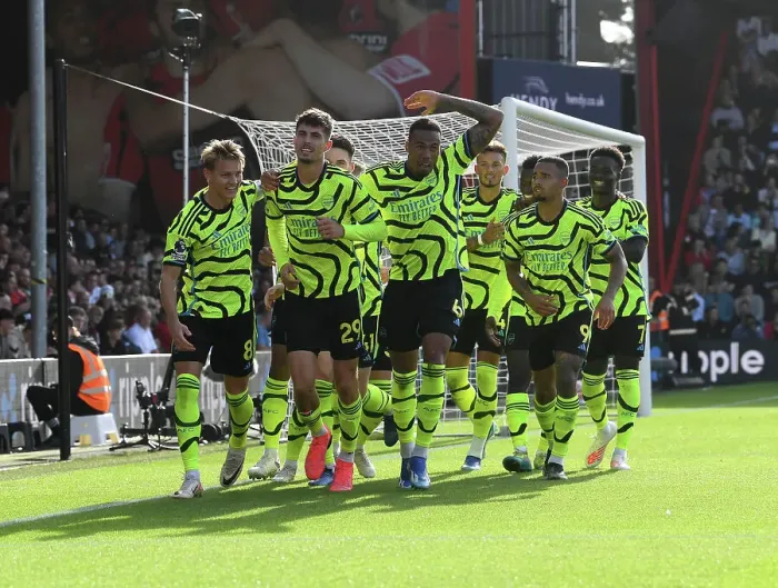 Framed Print : Arsenal's Kai Havertz, Martin Odegaard, and Gabriel Celebrate Goals Against AFC Bournemouth (2023-24)
