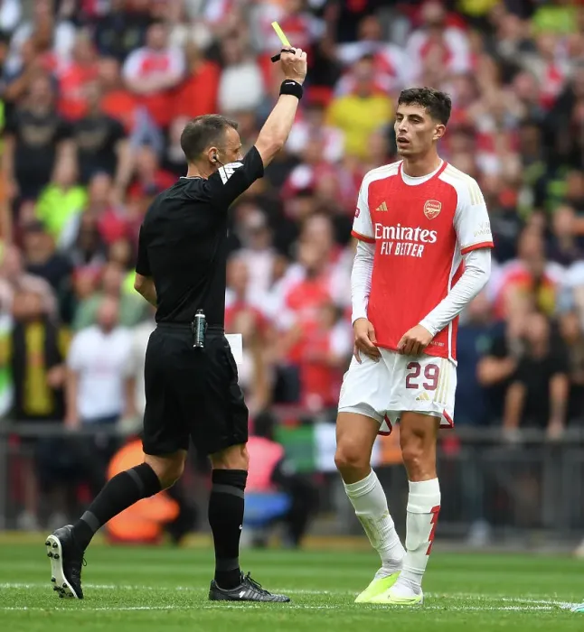 Framed Print : Arsenal's Kai Havertz Receives Yellow Card in FA Community Shield Clash Against Manchester City (2023-24) Framed Print : Arsenal's Kai Havertz Receives Yellow Card in FA Community Shield Clash Against Manchester City (2023-24)