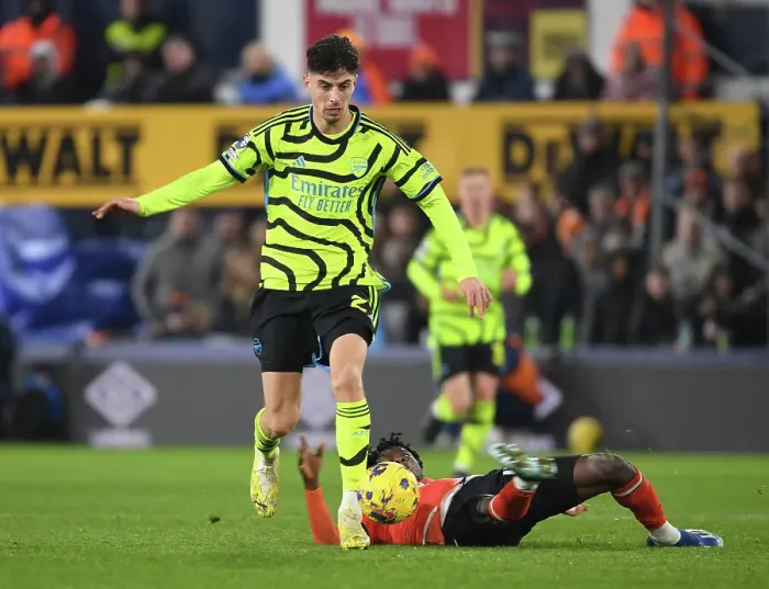 Framed Print : Arsenal's Kai Havertz Scores Past Luton's Issa Kabore in Premier League Clash (Luton Town vs Arsenal 2023-24)