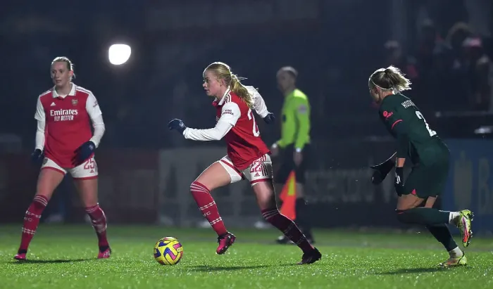 Framed Print : Arsenal's Kathrine Kuhl Faces Off Against Liverpool Women in FA Super League Action (2022-23)