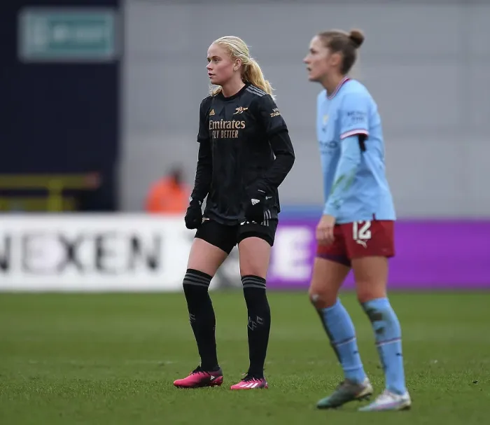 Framed Print : Arsenal's Kathrine Kuhl Goes Head-to-Head with Manchester City in FA Women's Super League Clash Framed Print : Arsenal's Kathrine Kuhl Goes Head-to-Head with Manchester City in FA Women's Super League Clash