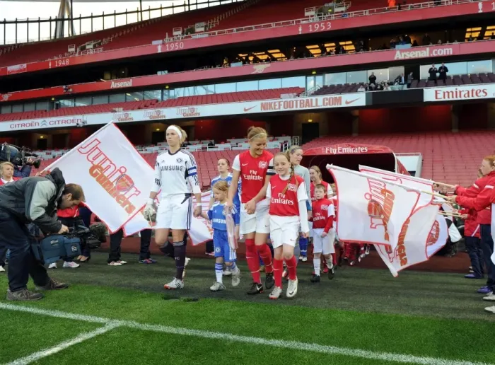 Framed Print : Arsenal's Katie Chapman and Chelsea's Carly Telford Lead Out Their Teams in FA WSL Clash at Emirates Stadium: Arsenal 3-1 Chelsea