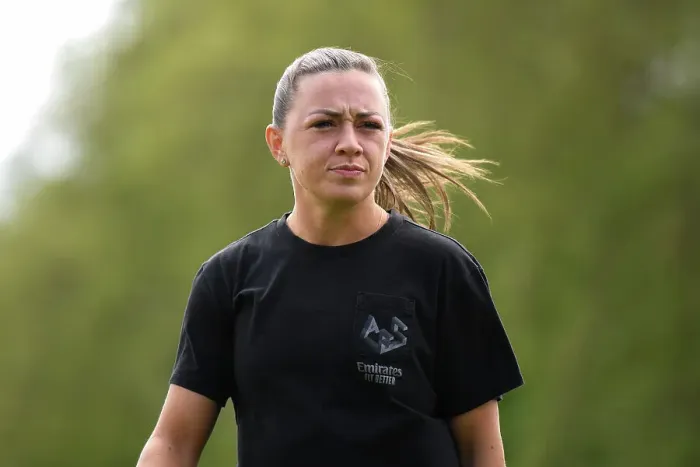 Framed Print : Arsenal's Katie McCabe Checks Kingsmeadow Pitch Ahead of Chelsea Showdown (FA Women's Super League, 2022-23)