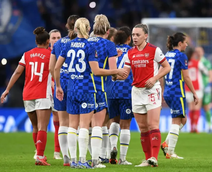 Framed Print : Arsenal's Katie McCabe and Chelsea's Millie Bright Share a Moment of Sportsmanship at the FA Women's Cup Final at Wembley Stadium Framed Print : Arsenal's Katie McCabe and Chelsea's Millie Bright Share a Moment of Sportsmanship at the FA Women's Cup Final at Wembley Stadium