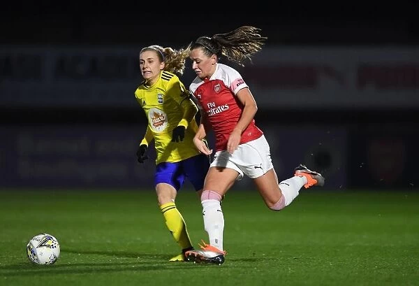 Arsenal's Katie McCabe Clashes with Birmingham's Emma Folis in FA WSL Continental Tyres Cup Match