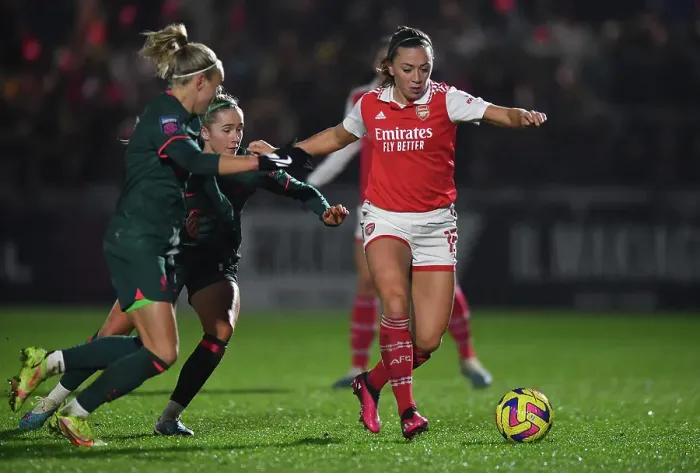 Framed Print : Arsenal's Katie McCabe Takes on Liverpool Women in FA Super League Action Framed Print : Arsenal's Katie McCabe Takes on Liverpool Women in FA Super League Action