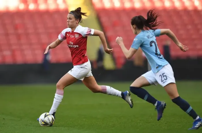 Framed Print : Arsenal's Katrine Veje Goes Head-to-Head with Manchester City in FA WSL Continental Cup Final Framed Print : Arsenal's Katrine Veje Goes Head-to-Head with Manchester City in FA WSL Continental Cup Final
