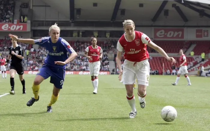 Framed Print : Arsenal's Kelly Smith and Steph Houghton Clash in FA Womens Cup Final: Arsenal 4-1 Leeds at The City Ground (2008)