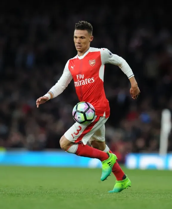 Framed Print : Arsenal's Kieran Gibbs in Action Against Leicester City (2016-17) Framed Print : Arsenal's Kieran Gibbs in Action Against Leicester City (2016-17)