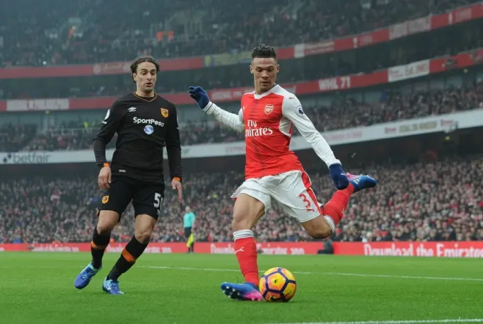 Framed Print : Arsenal's Kieran Gibbs Battles Lazar Markovic of Hull City in Premier League Clash at Emirates Stadium
