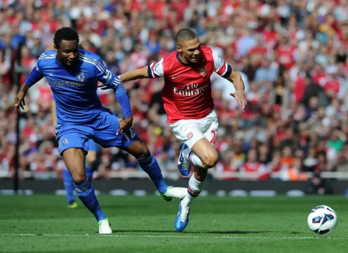 Framed Print : Arsenal's Kieran Gibbs Fouls Chelsea's John Mikel Obi (2012-13)