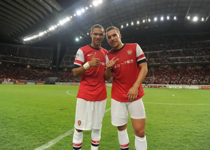 Framed Print : Arsenal's Kieran Gibbs and Lukas Podolski Post-Match at Nagoya Grampus, 2013 Framed Print : Arsenal's Kieran Gibbs and Lukas Podolski Post-Match at Nagoya Grampus, 2013
