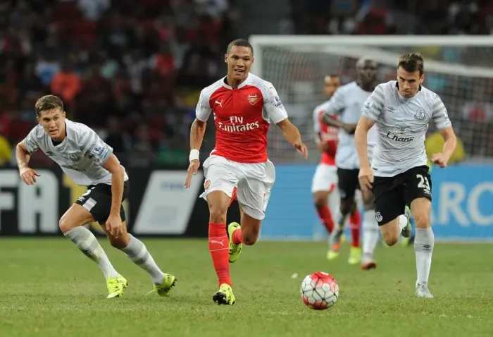 Framed Print : Arsenal's Kieran Gibbs Outwits Everton's Stones and Coleman in Barclays Asia Trophy Clash Framed Print : Arsenal's Kieran Gibbs Outwits Everton's Stones and Coleman in Barclays Asia Trophy Clash