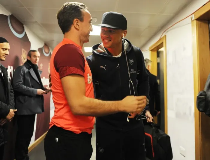 Framed Print : Arsenal's Kieran Gibbs and West Ham's Mark Noble Share Pre-Match Camaraderie (2015-16)