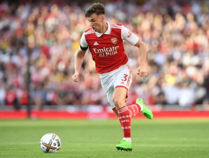 Framed Print : Arsenal's Kieran Tierney in Action: Arsenal vs. Fulham, 2022-23 Premier League