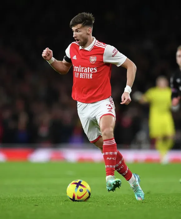 Framed Print : Arsenal's Kieran Tierney in Action: Arsenal vs. West Ham United, Premier League 2022-23