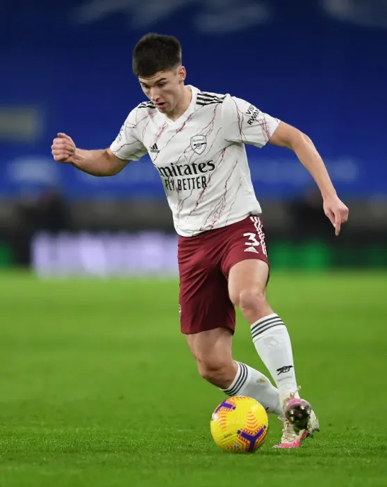 Framed Print : Arsenal's Kieran Tierney in Action: Brighton & Hove Albion vs Arsenal (Premier League 2020-21)