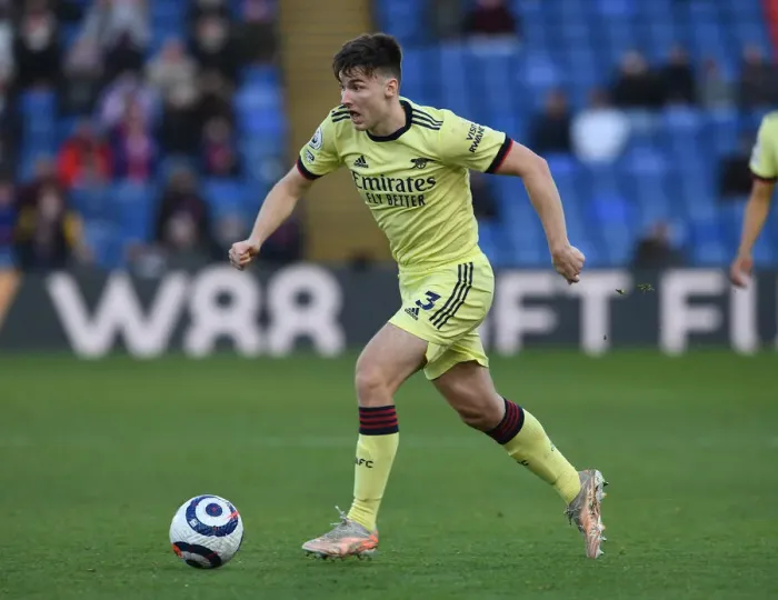 Framed Print : Arsenal's Kieran Tierney in Action: Crystal Palace vs Arsenal, Premier League 2020-21